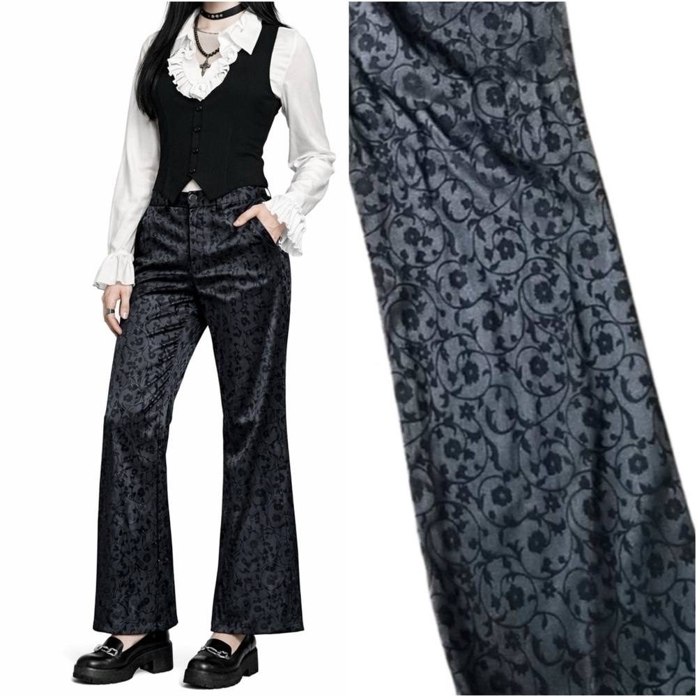 🇨🇦 Vintage 90s Black Brocade Damask Jacquard Satin Pants Academia Goth Vamp